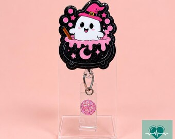 Portatarjetas de identificación con diseño de caldero de bruja fantasma, rosa, con luna y estrellas brillantes, un lindo regalo espeluznante para enfermeras.