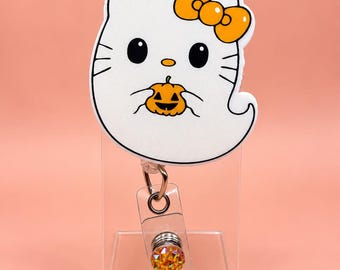 Portatarjetas de identificación de enfermera con diseño icónico de gatito fantasma y calabaza, lindo portatarjetas de identificación de Halloween, portatarjetas de identificación con lazo naranja y fantasma, regalo espeluznante para el sector salud