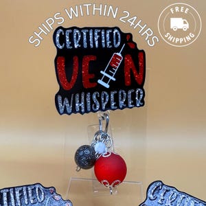 Phlebotomy Badge Reel Certified Vein Whisperer ID Holder for Nurses and Lab Techs with Beaded Charm Retractable Clip Gift for Coworker