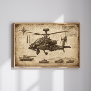 Apache AH-64 Helicopter Vintage Blueprint – Military Helicopter Sketch | Attack Chopper Wall Art, Army Aviation Poster Printable
