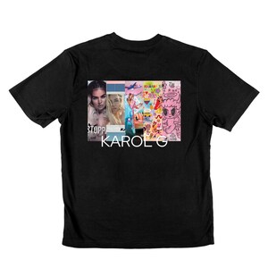 May include: Black t-shirt with a collage of images featuring a woman, a cartoon character, and the text "KAROL G".