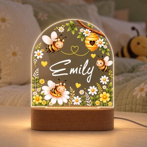 Personalized Bee Night Light, Flower Acrylic Lamp, Custom Name Floral Nursery Decor, Honey Bee Kids Bedside Light, Woodland Baby Shower Gift