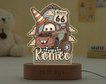 Mater Cars Night Light, Custom Name Lamp For Kids, Cute Mater Night Lights, Route 66 Night Light, For Mater Lovers, Yellow Trailer LED