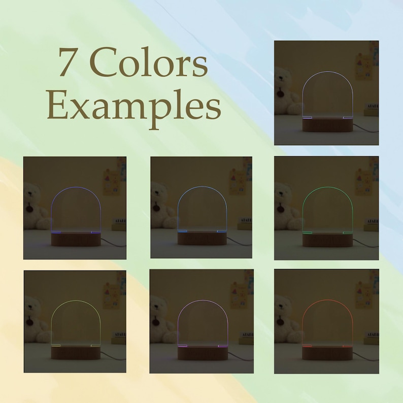 May include: An illuminated LED night light with a wooden base, showcasing seven color options. The arched acrylic light displays various colors, including purple, blue, and green. The text "7 Colors Examples" is displayed at the top of the image.
