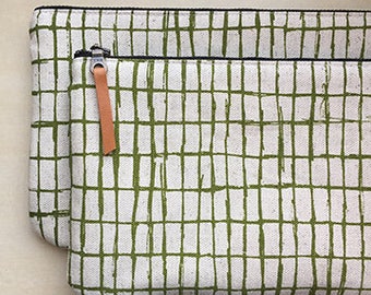 Grid Screen Printed Pouch -- Moss