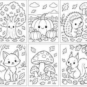Puede incluir: Un conjunto de seis páginas para colorear en blanco y negro con temas otoñales. Las ilustraciones incluyen un árbol sonriente, calabazas en un campo, un erizo con hojas, un zorro en el bosque, varias setas y una ardilla con una bellota.
