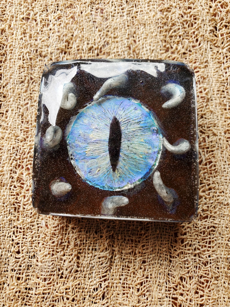 Eyeball Blue Silver Indigo Ice Cube Tentacles Clay Pendant Silver Square Paperweight Lovecraft Horror Science Fiction Steampunk Vintage