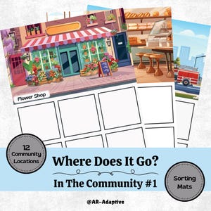 Puede incluir: Una alfombra de clasificación imprimible con 12 cuadrados en blanco para un juego de temática comunitaria. El texto "¿Dónde va? En la comunidad #1" está en la parte inferior de la alfombra. La alfombra está diseñada para ser utilizada con imágenes de diferentes lugares de la comunidad, como una floristería, una panadería y una estación de bomberos.