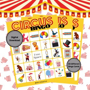 Circus Bingo Game, Circus Classroom Activity, Inclusive Bingo, 30 Unique Picture Bingo Cards, Printable Bingo, Themed Circus Learning Game