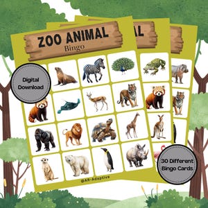 Bingospel dierentuindieren, klasactiviteit dierentuindier, inclusief dierentuinbingo, 30 unieke fotobingokaarten, afdrukbare bingo, leerspel dierentuin