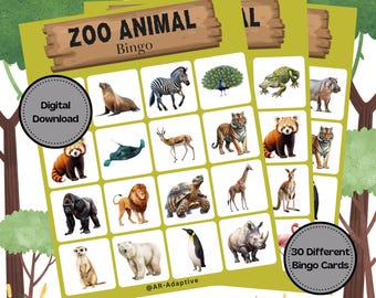 Zoo Animal Bingo Game, Zoo Animal Classroom Activity, Inclusive Zoo Bingo, 30 Unique Picture Bingo Cards, Printable Bingo, Zoo Learning Game