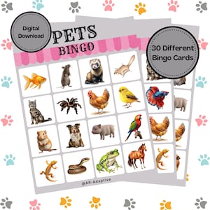 Juego de bingo de mascotas imprimible / Actividad educativa sobre animales para niños / Descarga digital para aulas y educación en el hogar