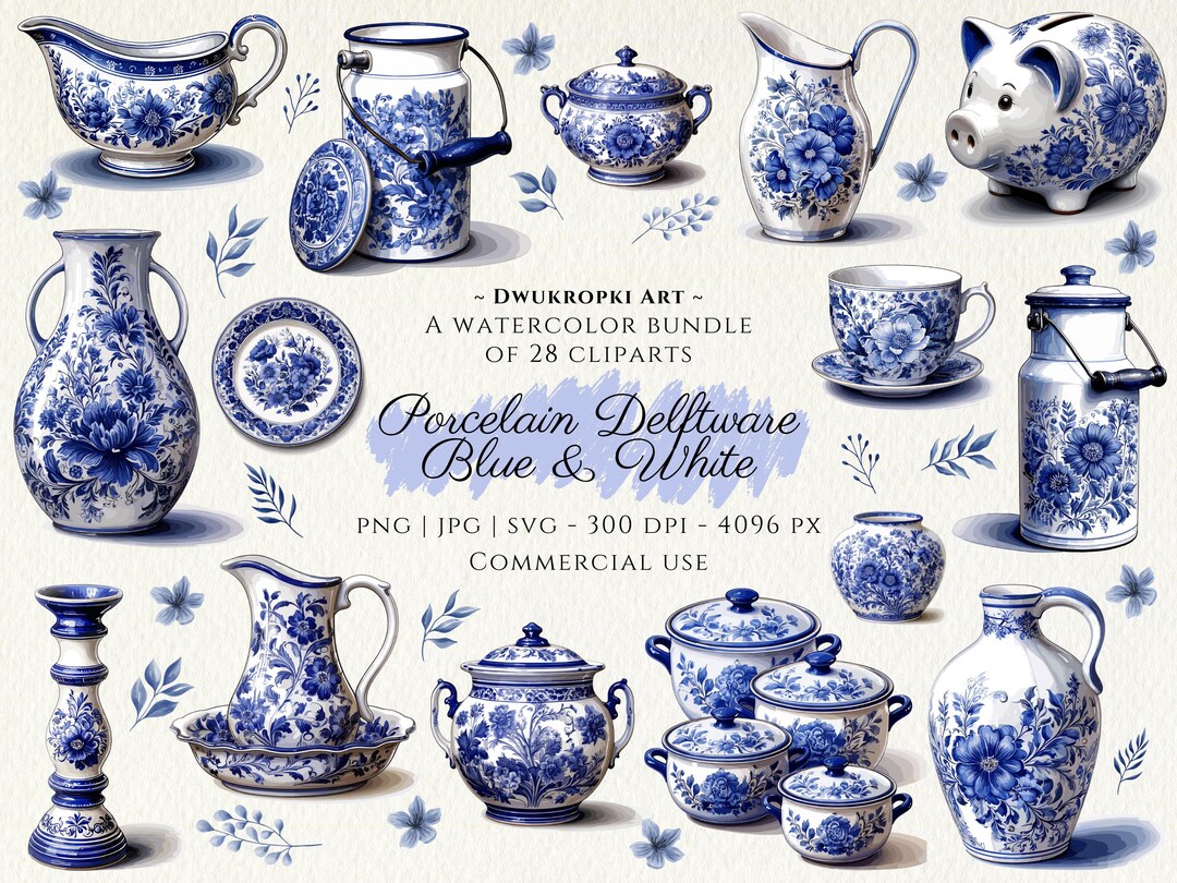 Delft Blue White Clipart Bundle 28 Watercolor PNG SVG | Porcelain ...
