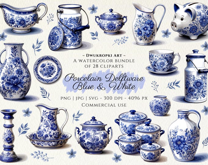 Delft Blue White Clipart Bundle 28 Watercolor PNG SVG | Porcelain ...