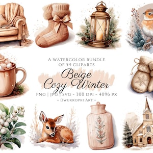 Może przedstawiać: Akwarelowe ilustracje przytulnych zimowych przedmiotów, w tym krzesła, skarpet z kokardkami, latarni, ptaka, kubka gorącej czekolady, rękawic, rośliny, jelenia, termoforu i kościoła. Tekst brzmi "Beige Cozy Winter".