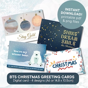 Juego de 4 tarjetas de felicitación navideñas imprimibles de BTS / Tarjetas navideñas de K-Pop para ARMY, regalos de papelería con descarga digital