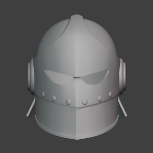 May include: A gray, stylized helmet with a visor and ear pieces. The helmet has a rounded top and is secured with rivets along the bottom edge. The design is reminiscent of a vintage robot or space helmet.