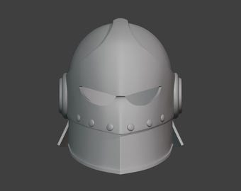 May include: A gray, stylized helmet with a visor and ear pieces. The helmet has a rounded top and is secured with rivets along the bottom edge. The design is reminiscent of a vintage robot or space helmet.