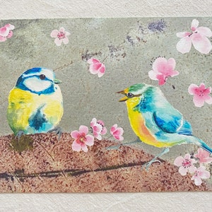 Mamas azuis em impressão artística de mídia mista com folhas de impressão ecológica, impressão de belas artes DIN A 6, cartão postal (2)