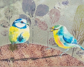 Blue Tits in Mixed Media Art Print with Eco Print Leaves , DIN A 6 Fine Art Print, Postcard