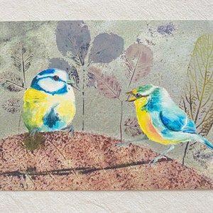 Blue Tits in Mixed Media Art Print with Eco Print Leaves , DIN A 6 Fine Art Print, Postcard image 1