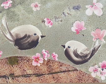 Mixed Media Art Print van Eco Print Bladeren en Sumi-e Vogels, DIN A 6 Fine Art Print, Ansichtkaart