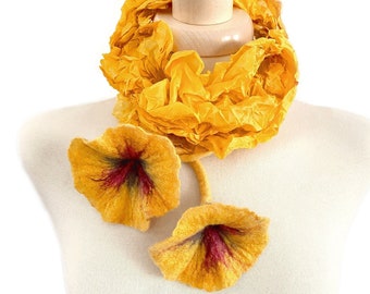 Yellow Silk Scarf with Felt Flowers