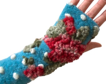 Boiled Wool Arm Warmers in Turquois, Fingerless Gloves with White Dots, Gift for Women