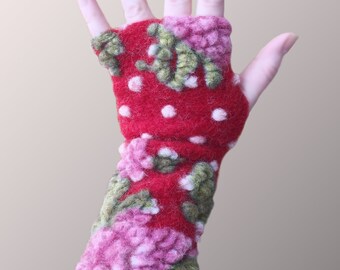 Red Arm Warmers with Roses and Dots, Fingerless Gloves, Wrist Warmers, Wool Mittens, Gloves, Gauntlets