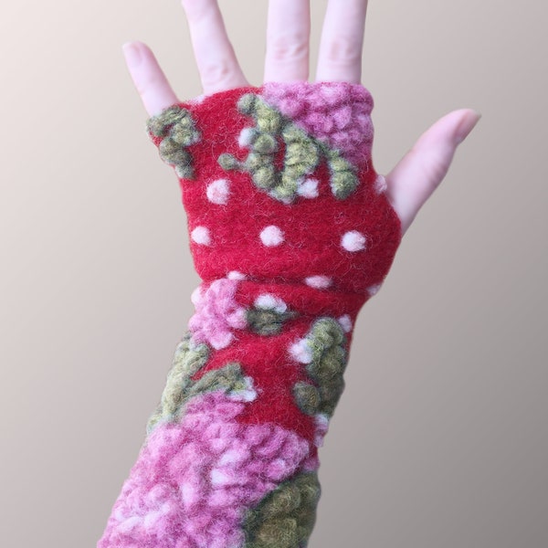 Red Arm Warmers with Roses and Dots, Fingerless Gloves, Wrist Warmers, Wool Mittens, Gloves, Gauntlets