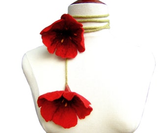 Red Poppy Necklace, Hand Felted, Gift for Her