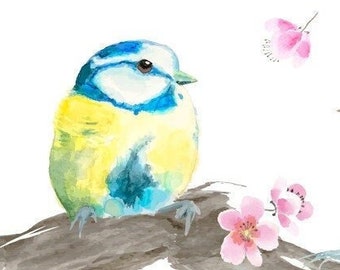 Blue Tits and Blossoms Greeting Card, Bird Couple on a Plum Branch