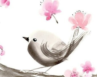 Postcard Birds and Blossoms, Bird Couple on a Plum Twig