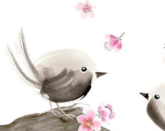 Art Print Birds and Blossoms, Bird Couple on a Plum Twig