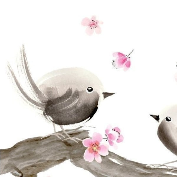 Art Print Birds and Blossoms, Couple d’oiseaux sur une brindille de prune