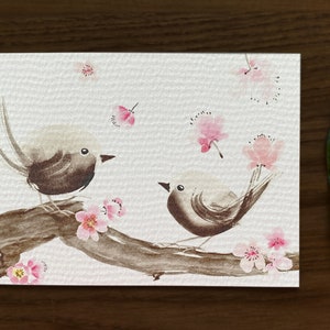 A5 Fine Art Print Pájaros y flores, Pareja de pájaros en una ramita de ciruelo imagen 7