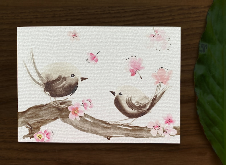 A5 Fine Art Print Pájaros y flores, Pareja de pájaros en una ramita de ciruelo imagen 7