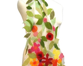 Nunofelt Stole with Flowers, Silk Felt Scarf, Nuno Felt Scarf, OOAK