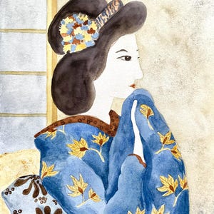 May include: Watercolor painting of a geisha in profile. She wears a dark brown wig with a floral hairpiece and a blue kimono with yellow leaf patterns. The background is a light beige.