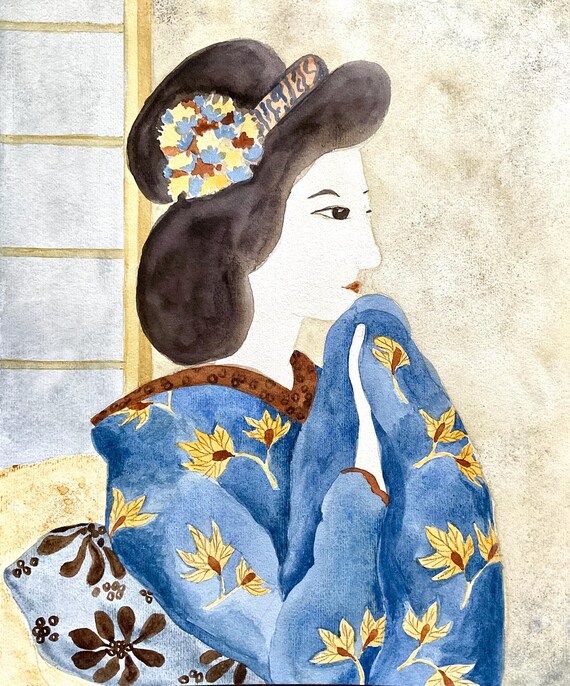Geisha in blauem Kimono, Original Aquarell, Japanische Frau und Shoji, Unikat