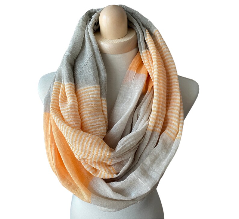 Loop in 3 Colours to Choose, Airy Striped Cotton Scarf in Grey-Pink, Orange or Blue image 2