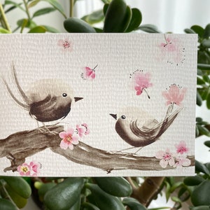 A5 Fine Art Print Pájaros y flores, Pareja de pájaros en una ramita de ciruelo DIN A 6