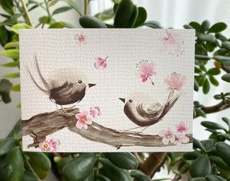 A5 Fine Art Print Pájaros y flores, Pareja de pájaros en una ramita de ciruelo DIN A 6