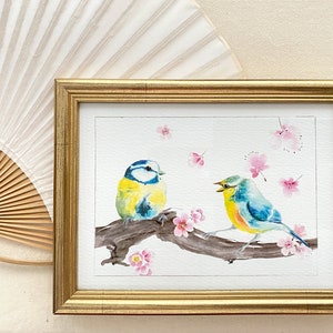 A5 Fine Art Print Pájaros y flores, Pareja de pájaros en una ramita de ciruelo imagen 9