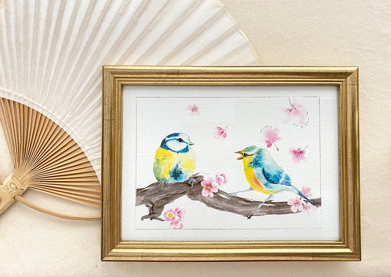 A5 Fine Art Print Pájaros y flores, Pareja de pájaros en una ramita de ciruelo imagen 9