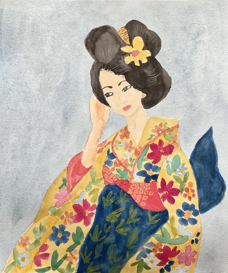 May include: Watercolor painting of a woman in a traditional Japanese kimono. The kimono is yellow with a floral pattern in pink, red, and blue. The woman has dark hair styled in a bun with a yellow flower. The background is a light blue.