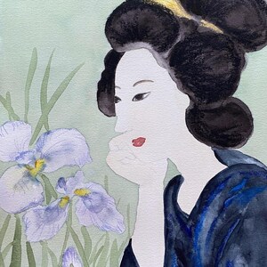 May include: Watercolor painting of a geisha with black hair and red lips, gazing at purple iris flowers. The geisha wears a dark blue kimono. The background is a soft green.