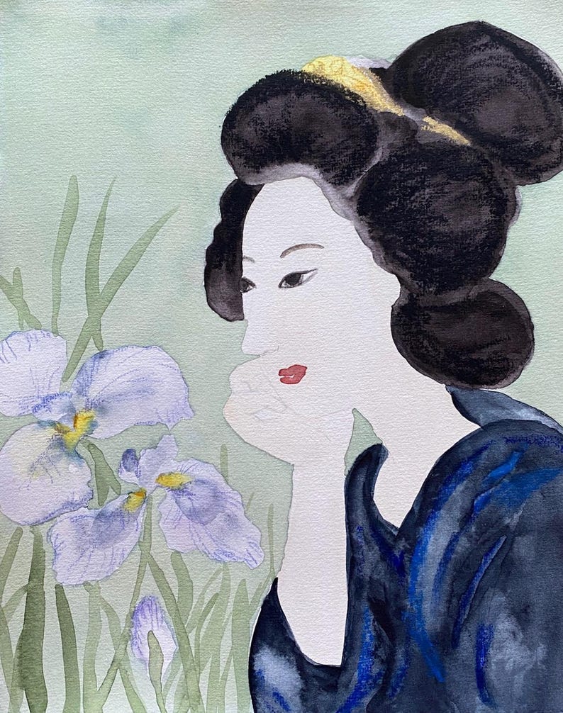 May include: Watercolor painting of a geisha with black hair and red lips, gazing at purple iris flowers. The geisha wears a dark blue kimono. The background is a soft green.