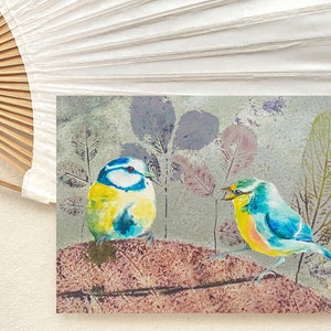 Blue Tits in Mixed Media Art Print with Eco Print Leaves , DIN A 6 Fine Art Print, Postcard image 2