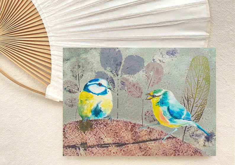 Blue Tits in Mixed Media Art Print with Eco Print Leaves , DIN A 6 Fine Art Print, Postcard image 2